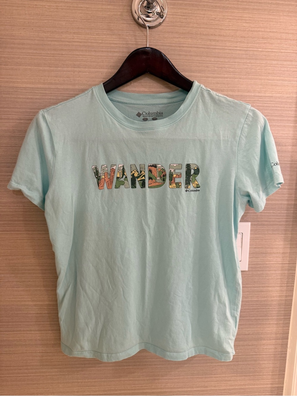Columbia Wander Graphic T-Shirt Light Aqua Size S 100% Cotton